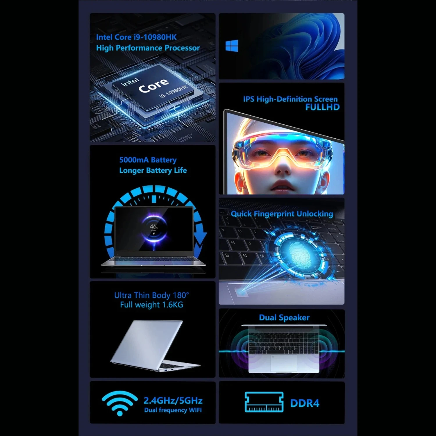 Intel Core i9 10980HK 15.6 Inch Gaming Laptop 32GB RAM 2TB SSD Fingerprint Unlock 4K WiFi 6 Ultrabook Pro Max Speed - Image 2