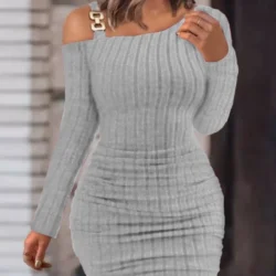 Women Knit Cold Shoulder Long Sleeve Bodycon Dress With Metal Buckle Detail Ruched Waist Slim Fit Mini Dress For Party Cl