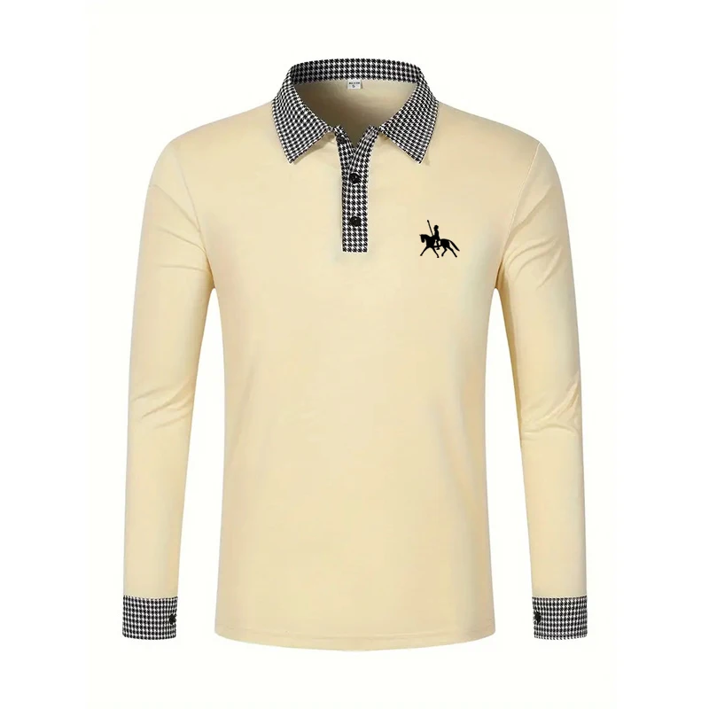 Men's Houndstooth Patchwork Long Sleeve Polo Shirt Classic Casual Business Tops Breathable Lightweight Knitwear for Spring Fall - Image 7