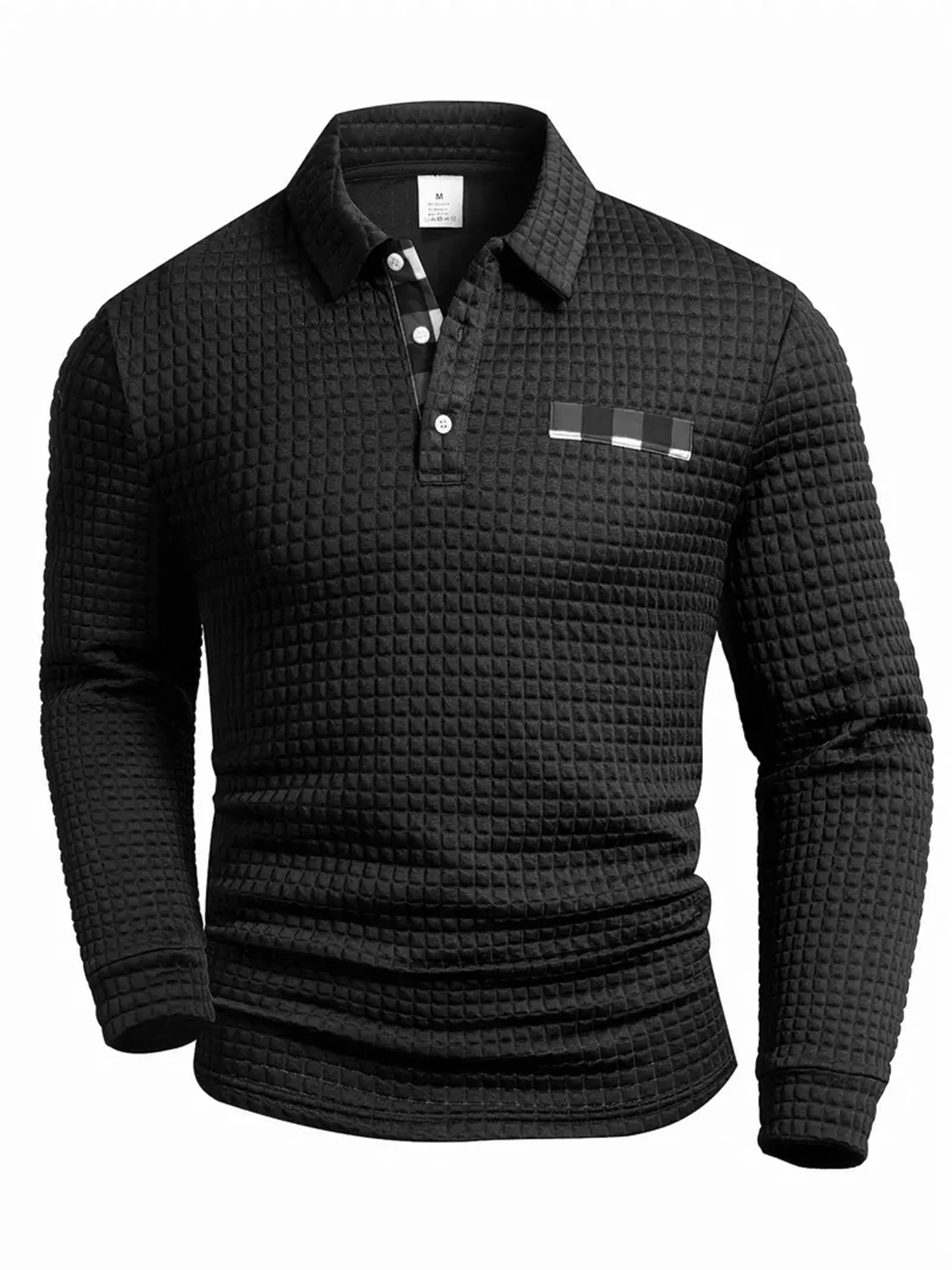 Men's Polo Shirts Square Plaid Texture Fabric Solid Color Mens Long Sleeve Tops Button Checkered Patchwork Henley Collar - Image 3