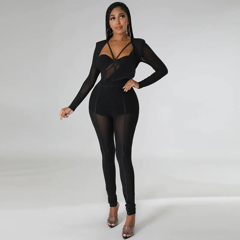 Sexy Mesh Patchwork Sheer Night Club Bodycon Jumpsuit for Women See Through One Piece Rompers Clubwear Party Birthday Outfits - Image 7