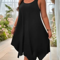 Plus Size Womens Solid Strappy Asymmetrical Hem T Shirt Midi Dress Ladies Sleeveless Casual Loose Summer Holiday Sundress XL-5XL
