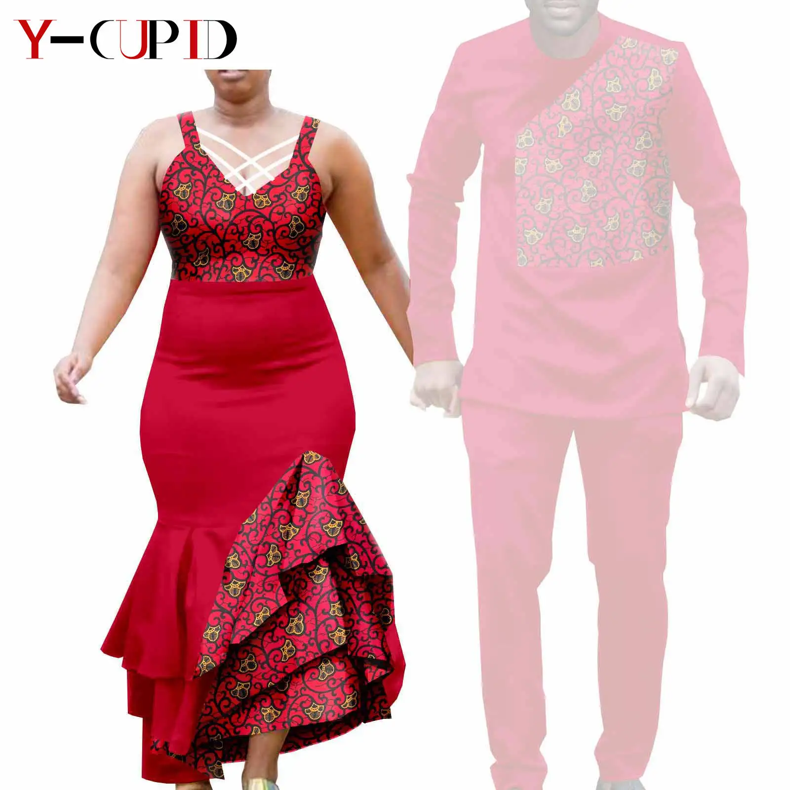 African Clothes for Couple Print Long Dresses for Women Dashiki Men Outfits Shirts and Pants 2 Piece Sets for Wedding A21C005 - Image 9