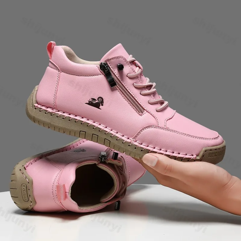 Women Sports Shoes 2026 New Outdoor Hiking Flat Bottomed Comfortable Casual Driving Shoes Soft Sole Zipper Fashion Leather Shoes - Image 3