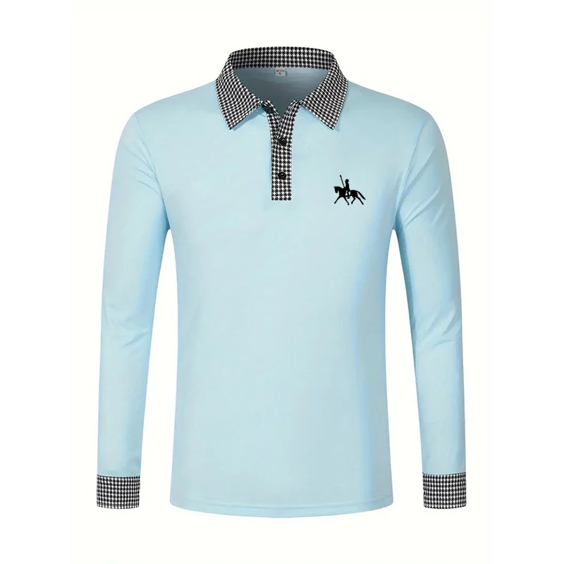 Men's Houndstooth Patchwork Long Sleeve Polo Shirt Classic Casual Business Tops Breathable Lightweight Knitwear for Spring Fall - Image 12