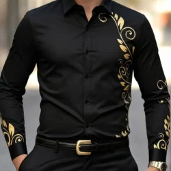 Men's Fashion Gold Print Shirt, Long Sleeve Casual Stylish Shirt, Men's Clothing, Comfortable and Trendy, Perfect for Daily Wear
