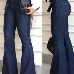 Ladies Deep Blue High Waist Bell Bottom Jeans Elastic Stretch Leg Lengthening Belted Waist