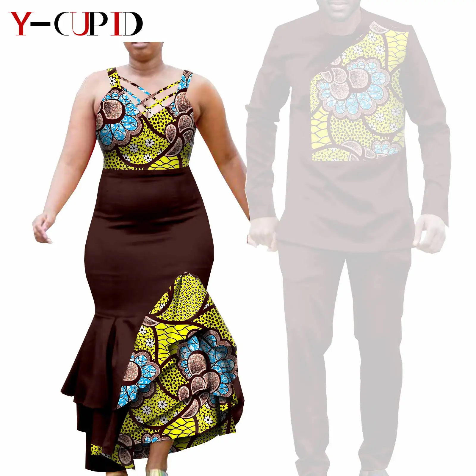 African Clothes for Couple Print Long Dresses for Women Dashiki Men Outfits Shirts and Pants 2 Piece Sets for Wedding A21C005 - Image 16