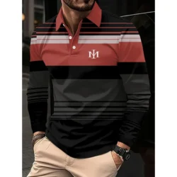 Men's polo shirt, 3d striped color block print, fashionable sporty lapel golf T-shirt, men's casual top, long-sleeved T-shirt, m