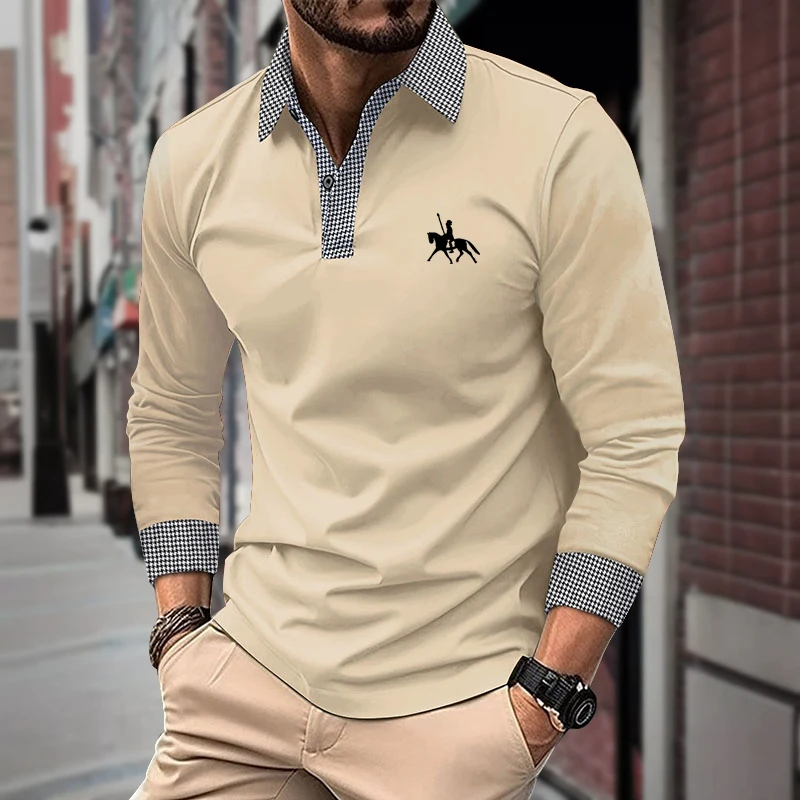 Men's Houndstooth Patchwork Long Sleeve Polo Shirt Classic Casual Business Tops Breathable Lightweight Knitwear for Spring Fall - Image 3