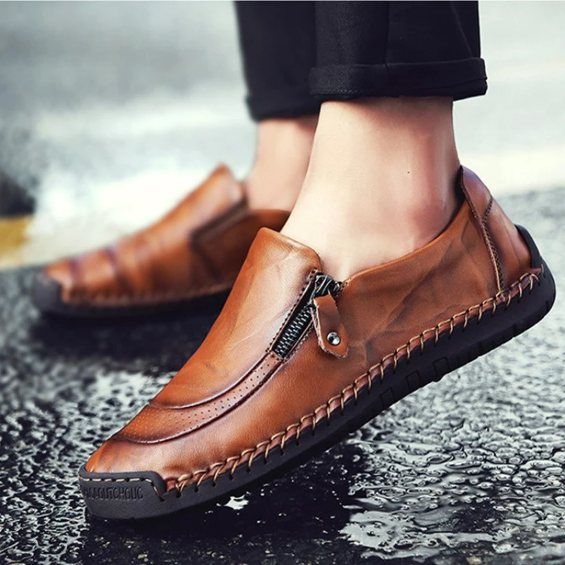 Handmade Men Casual Shoes Outdoor Leather Shoes Soft Sole Zipper Men Shoes Slip on Driving Shoe High Quality Breathable Loafers - Image 3