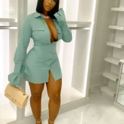CM.YAYA Women Single Breasted Turn-down Neck Shirt Style A-line Bodycon Long Sleeve Dress 2022 New
