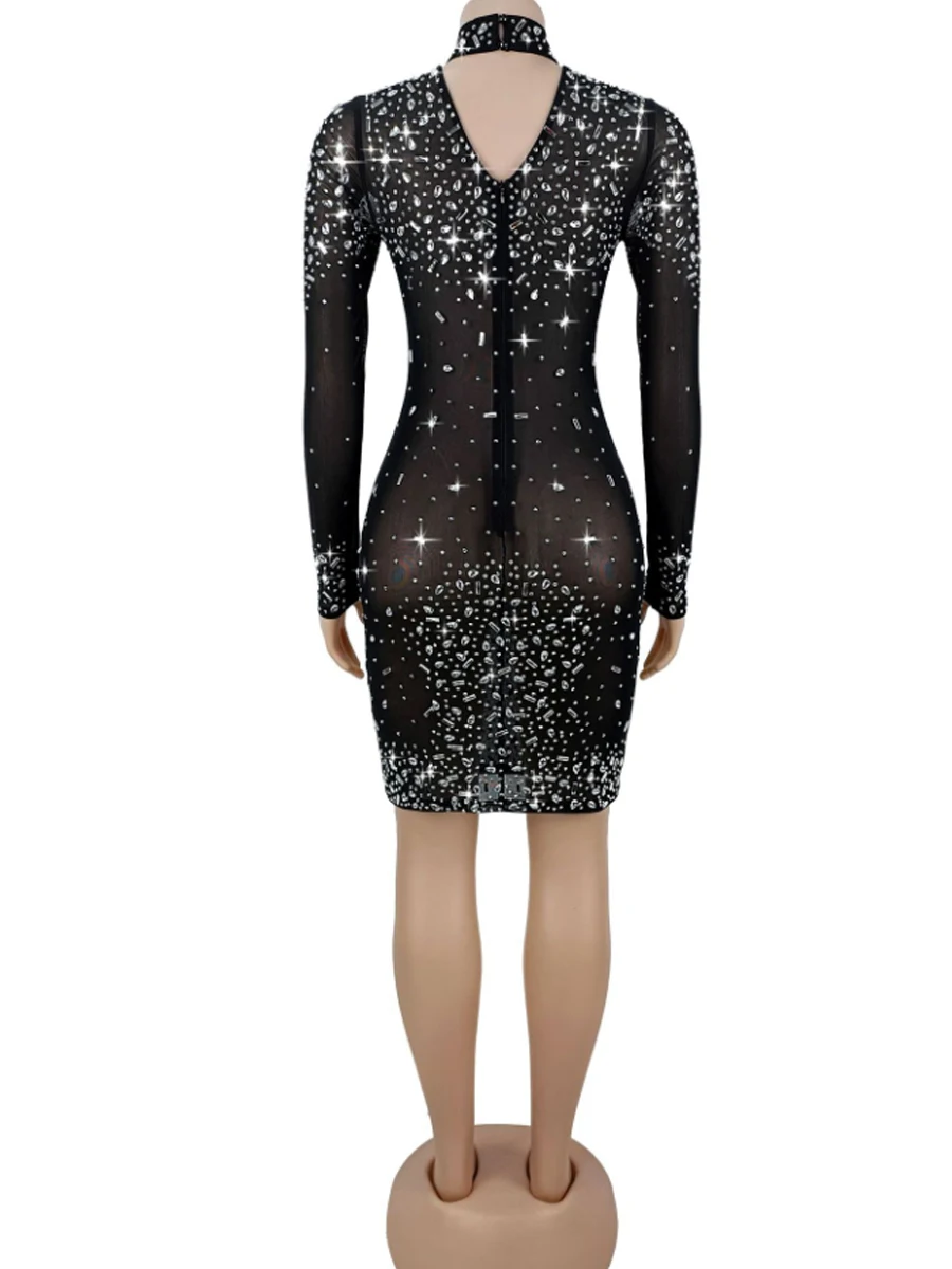 See Through Sheer Mesh Long Sleeve Rhinestone Decor Mini Dress - Image 6