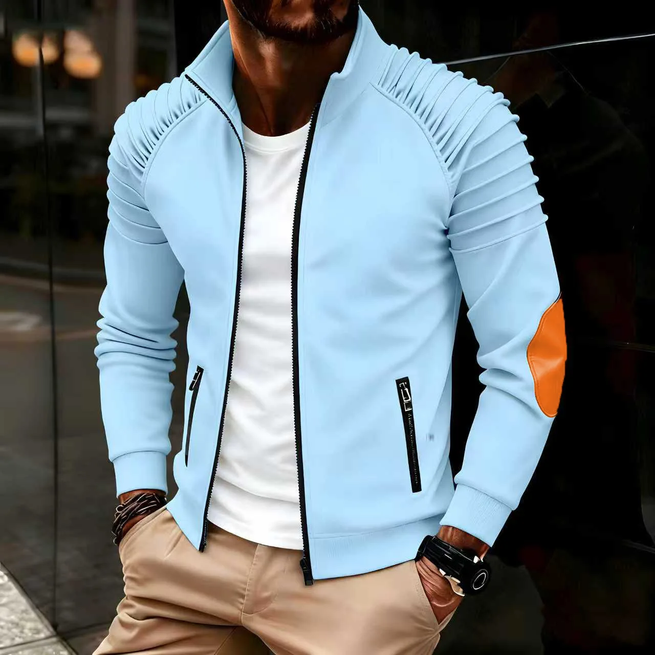 Spring / Autumn New Sports Casual Men Jacket Men's Stand Pleats Slim Stripe Fit Jacket Zipper Long Sleeve Coat Cardigan Coat Men - Image 4