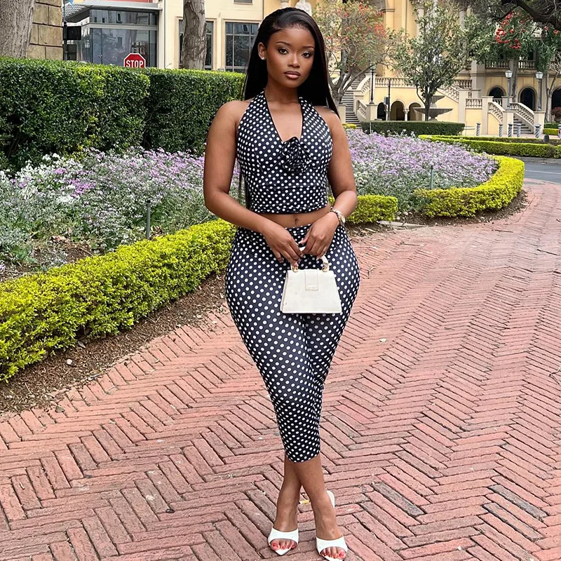 Polka Dot Print Pants Sets Women Sexy Hot Girl 3D Flowers Halter Neck Cropped Top Trousers Two Piece Set Fashion Streetwear Suit