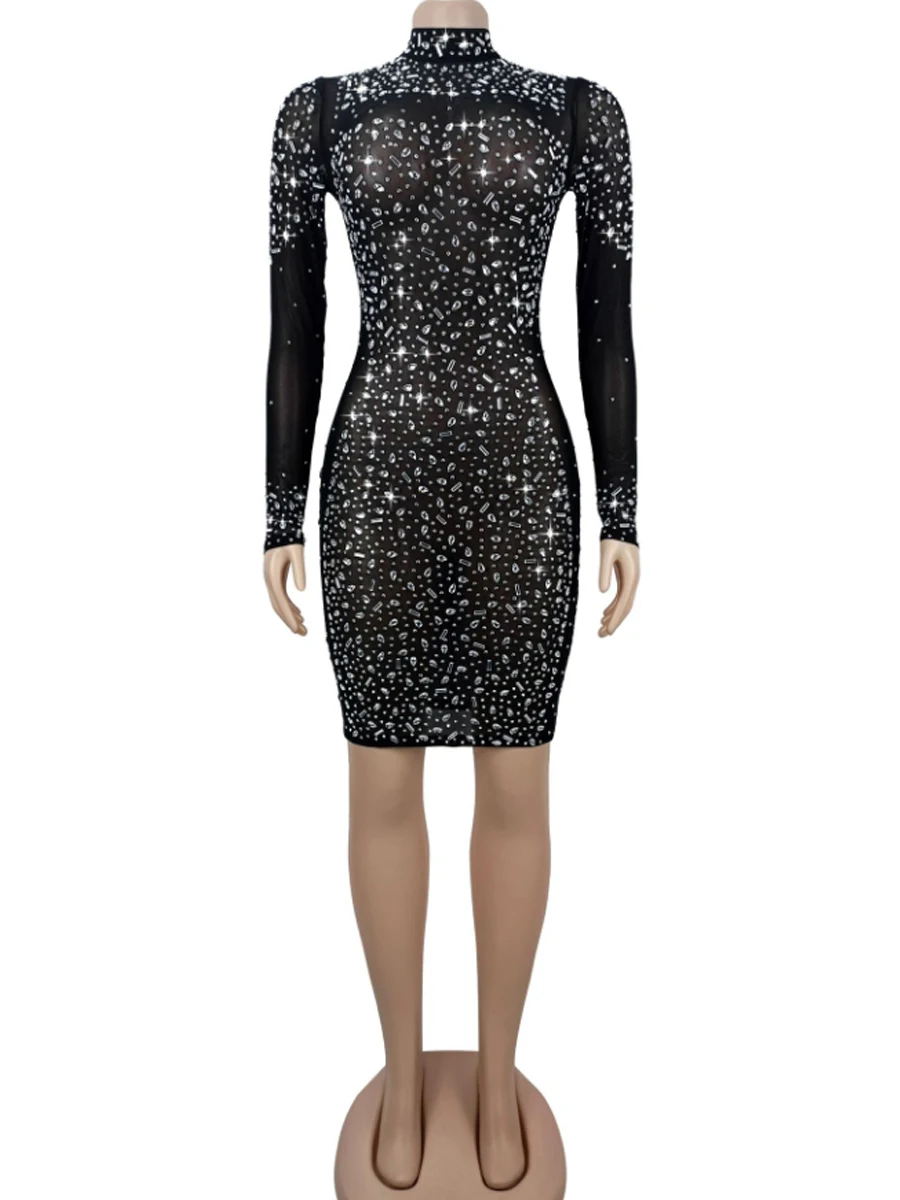 See Through Sheer Mesh Long Sleeve Rhinestone Decor Mini Dress - Image 5