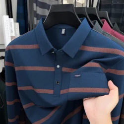 Autumn Men's Long-Sleeved Polo Shirt Lapel Button Striped Pocket Design Casual Fashion Men's Undershirt