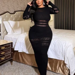 Women's Sexy Long Sleeve Midi Dress Sheer Mesh Stripe Pattern Patchwork Bodycon Party Dress Club Evening Outfit