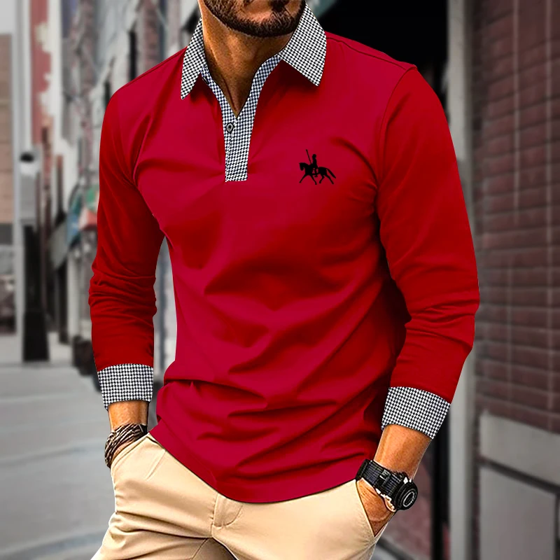 Men's Houndstooth Patchwork Long Sleeve Polo Shirt Classic Casual Business Tops Breathable Lightweight Knitwear for Spring Fall - Image 4