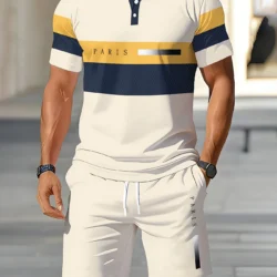2026 Summer New Men's Short Sleeved Polo Shirt Set With 3D Letter Pattern Printed Street Casual Fashion Breathable Top