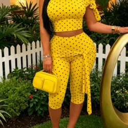 Summer Women's Yellow Polka Dot Two Piece Outfit One Shoulder Crop Top + Tie Waist Capri Leggings Set Casual Y2K Streetwear