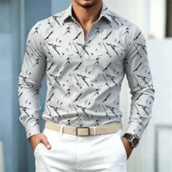 Men's shirt with abstract line print, long-sleeved shirt, solid color slim fit shirt, fashionable business casual men's clothing