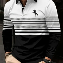 New Men's Autumn Fashion Polo Shirt Long-Sleeve Polo with Minimalist Black White Stripe Print Loose Fit Business-Casual Top