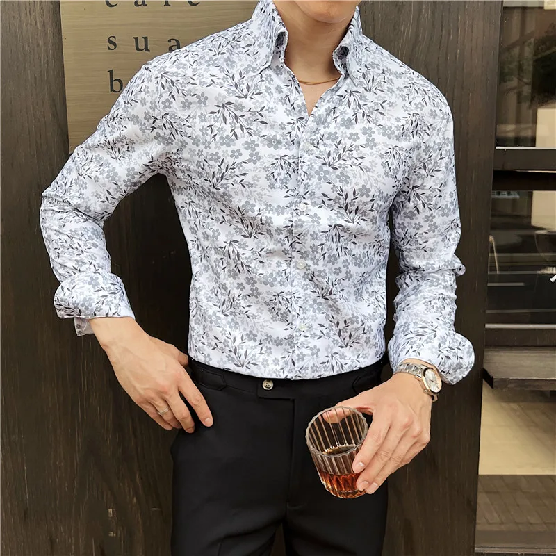 Men Printed Shirt 2025 Autumn Style British Style Long Sleeved V-neck Fashion Casual Slim Fit Shirt High-quality Men Clothing - Image 2