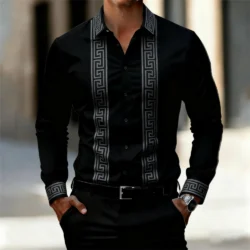 Men's Retro Greek Key Geometric Stripe Print Long Sleeve Button Down Shirts Turn Collar Business Fashion Tops Men Clothing
