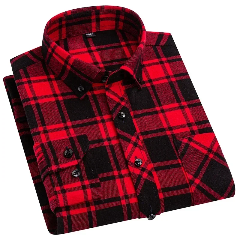 Autumn Winter Standard-Fit Thick Flannel Plaid Shirts for Men Long Sleeve Pure Cotton Shirt Patch Pocket Design Streetwear - Image 4