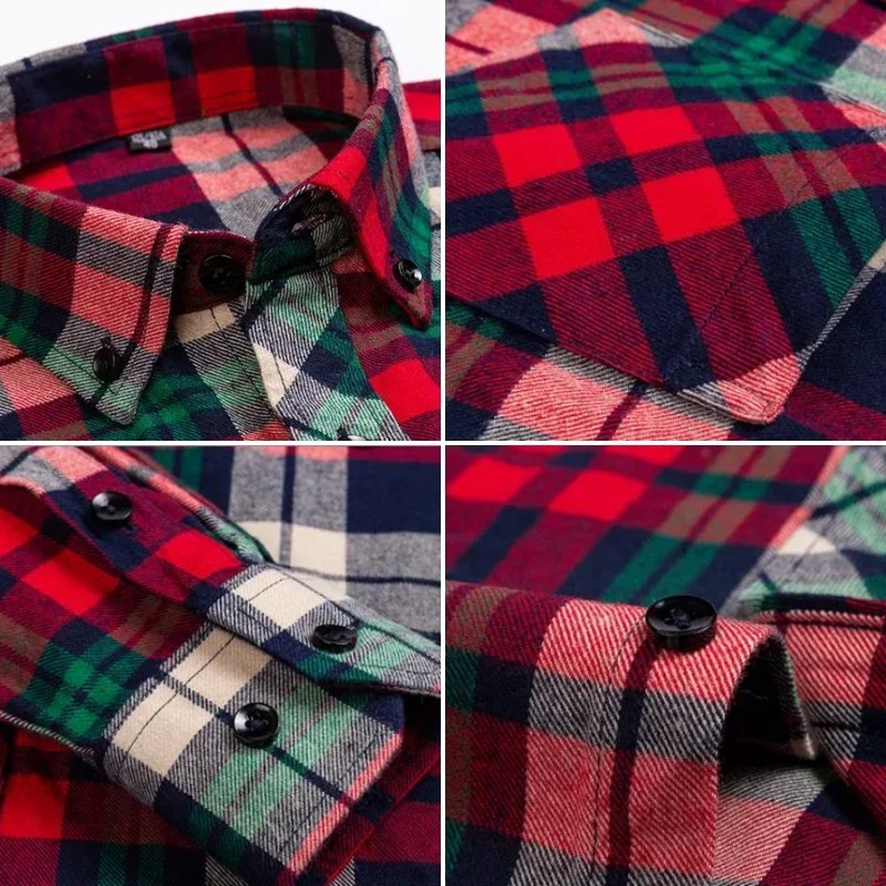Autumn Winter Standard-Fit Thick Flannel Plaid Shirts for Men Long Sleeve Pure Cotton Shirt Patch Pocket Design Streetwear - Image 6