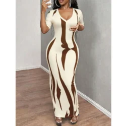 New Summer Women's Sexy Versatile V-Neck Slim Fit Pleated Short Sleeve Printed Dress