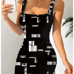 Women's Geometric Print Round Neck Sleeveless Camisole Dress Summer Casual Fashion Comfortable Mid-Length Skirt