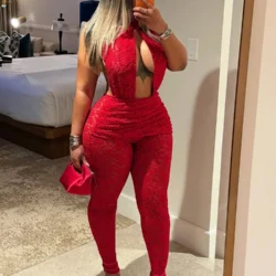 Sisterlinda Jacquard Jumpsuit Women Sexy Backless Hollow Halter Trend Sleeveless Stretch Midnight Clubwear Patchwork Overalls