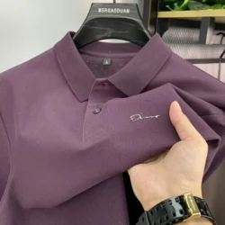 Light luxury men's 100% cotton long sleeve polo shirt high-end brand letter embossed new soft comfort solid color casual T-shirt