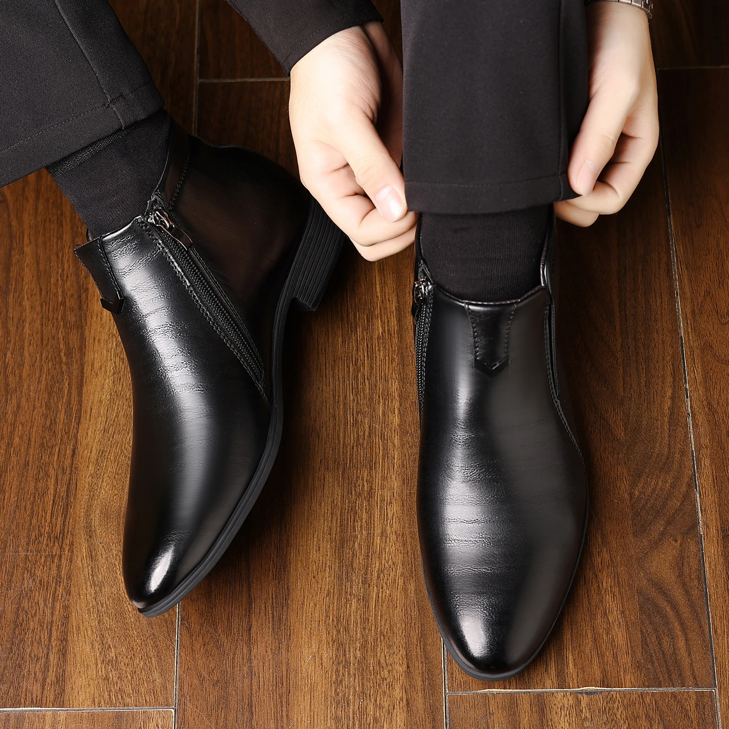 English Pointed Leather Shoes Mens High Top Chelsea Boots PU Leather Medium Top White Ankle Boots Non-Slip Zipper Men Boots - Image 8
