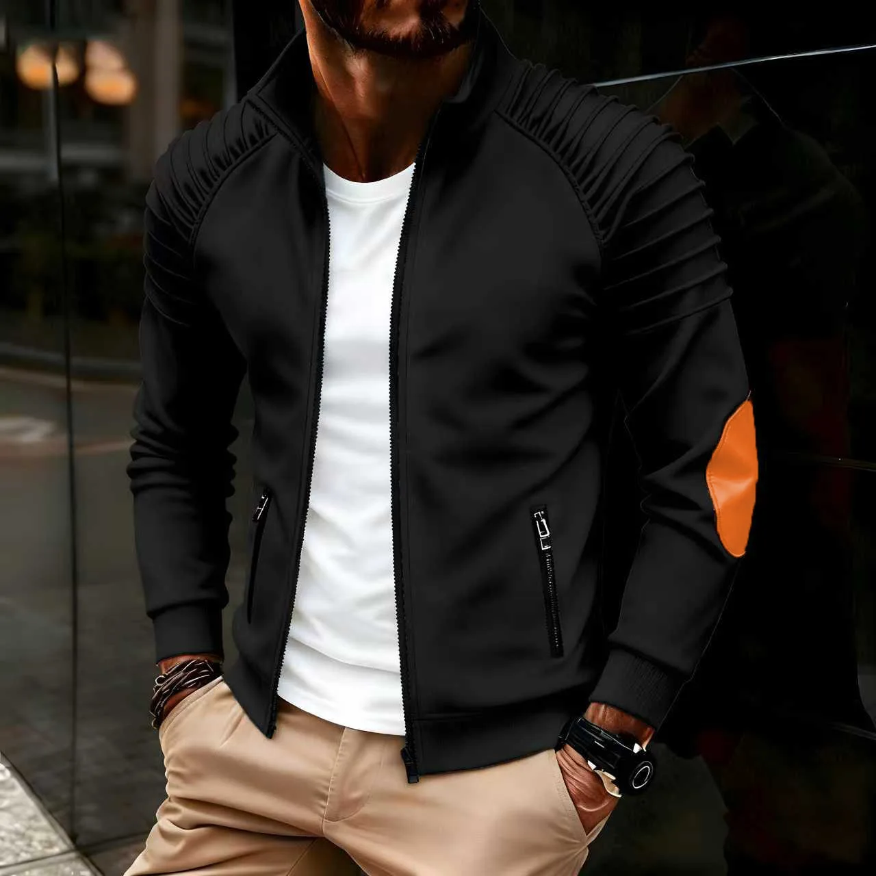 Spring / Autumn New Sports Casual Men Jacket Men's Stand Pleats Slim Stripe Fit Jacket Zipper Long Sleeve Coat Cardigan Coat Men - Image 2