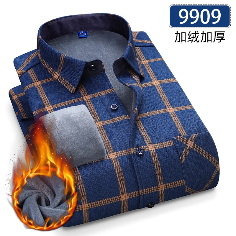 Autumn Winter Thicken Fleece Shirts For Men Business Plaid Shirt Long Sleeve Warm Clothes Male Single Pocket Classic Check Shirt - Image 8