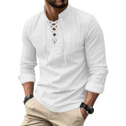 Men's Vintage V-neck T-shirt Cotton Linen Pirate Medieval Viking Gothic Tops Shirts Long Sleeved Cospaly Halloween Party Top