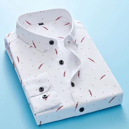 Feather Print Men Casual Shirt 2020 Spring Autumn Long Sleeve Slim Business Shirt High Quality Formal Office Buttons Shirt Homme - Image 6