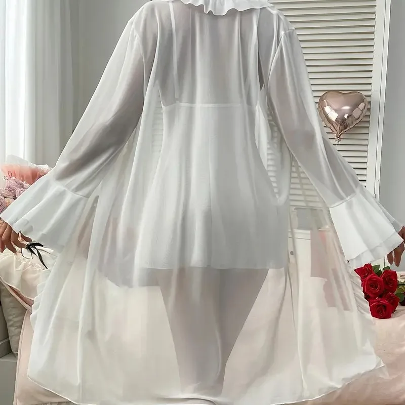Sexy Lingerie Large-sized 200-pound Overweight Lady's Sexy Pajama Set with Suspenders Sheer Transparent Nightgown and Lace Trim - Image 2