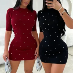 Women's Burgundy Red Sundress Short Sleeve Rhinestone Embellished Stretchy Ribbed Knit Bodycon Mini Dress Y2K Clubwear Dress