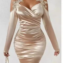 Women Sexy Skinny Pleated Dresses Fitting Slim Design Fold Plain Cut-Out Long Sleeve Sweetheart Neck Wrap Party Dresses Vestidos