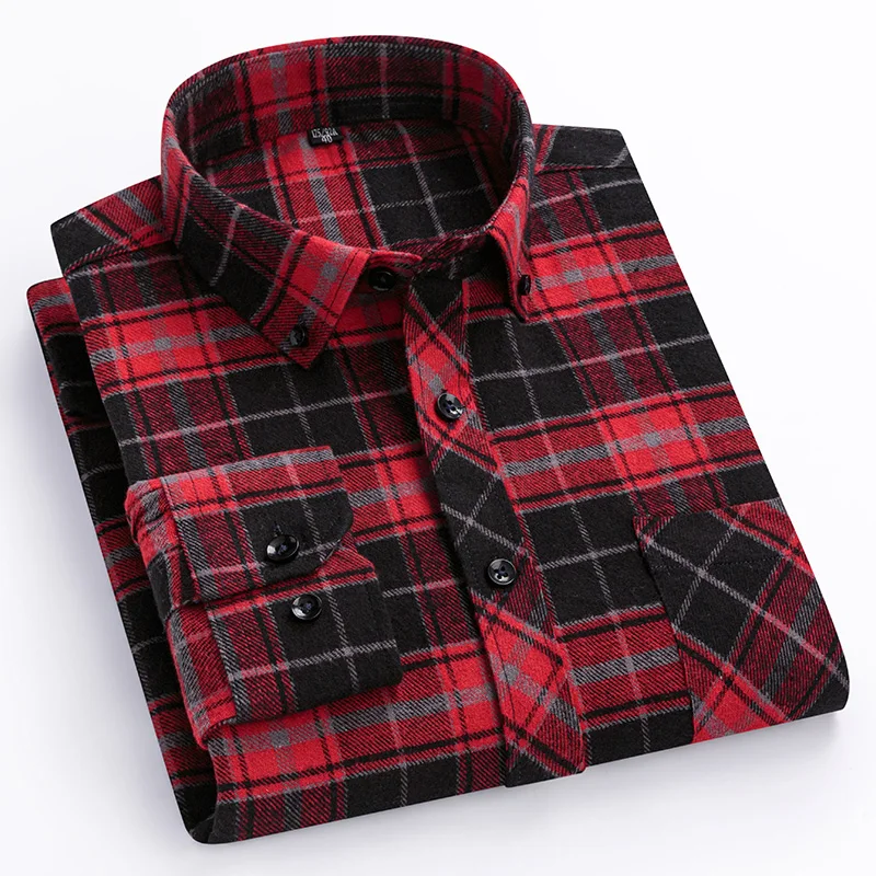 Autumn Winter Standard-Fit Thick Flannel Plaid Shirts for Men Long Sleeve Pure Cotton Shirt Patch Pocket Design Streetwear - Image 13