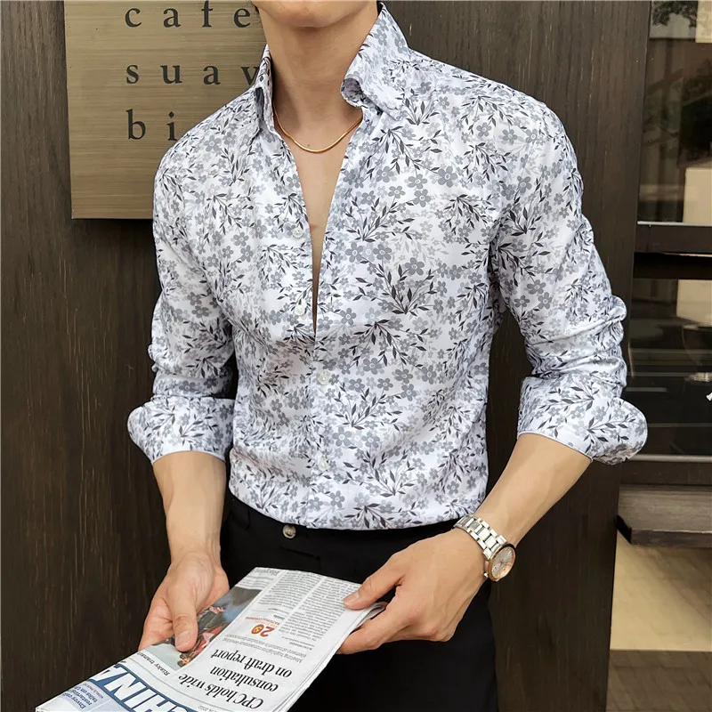 Men Printed Shirt 2025 Autumn Style British Style Long Sleeved V-neck Fashion Casual Slim Fit Shirt High-quality Men Clothing
