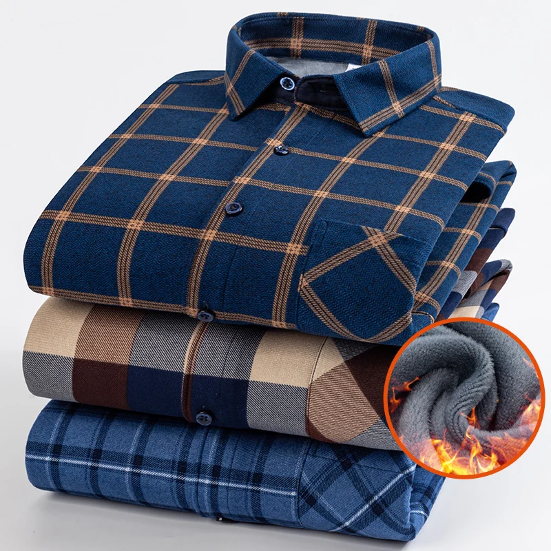 Autumn Winter Thicken Fleece Shirts For Men Business Plaid Shirt Long Sleeve Warm Clothes Male Single Pocket Classic Check Shirt - Image 5