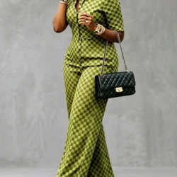 Modigirl Women Checkerboard Print Jumpsuit Lapel Collar Short Sleeve High Waist Wide Leg Rompers Casual Streetwear Jumpsuits