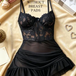 Women's Lace Nightdress with Matching Panty, Unpadded Adjustable Strap Ruched Ruffle Hem Sleepwear Black Red Royal Blue S-XL