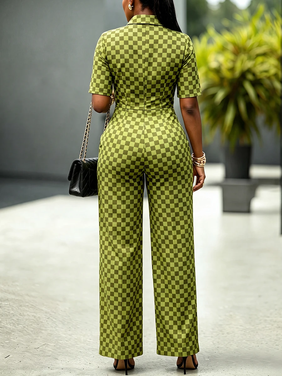 Modigirl Women Checkerboard Print Jumpsuit Lapel Collar Short Sleeve High Waist Wide Leg Rompers Casual Streetwear Jumpsuits - Image 3