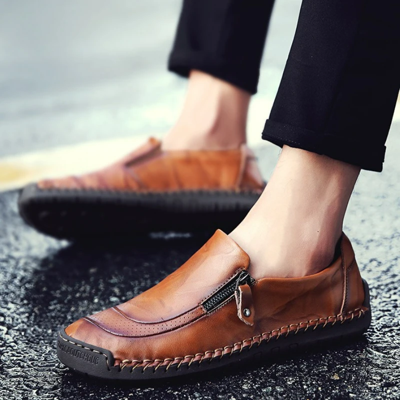 Handmade Men Casual Shoes Outdoor Leather Shoes Soft Sole Zipper Men Shoes Slip on Driving Shoe High Quality Breathable Loafers - Image 2